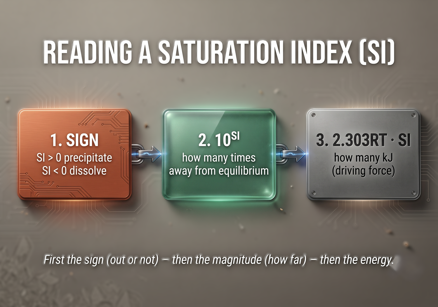How to read an SI: sign → 10^SI (how far from equilibrium) → 2.303RT·SI (how many kJ).